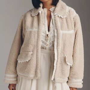 High Rated Anthropologie Sherpa Fleece Lace-Trim Crop Jacket